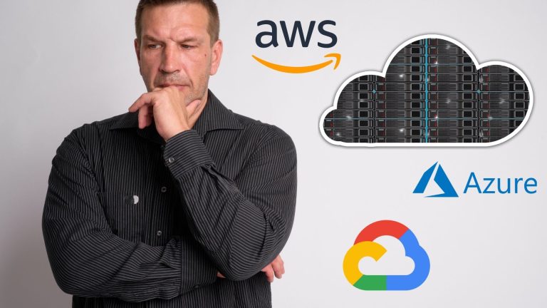 Thoughtful man next to image of servers in a cloud bubble